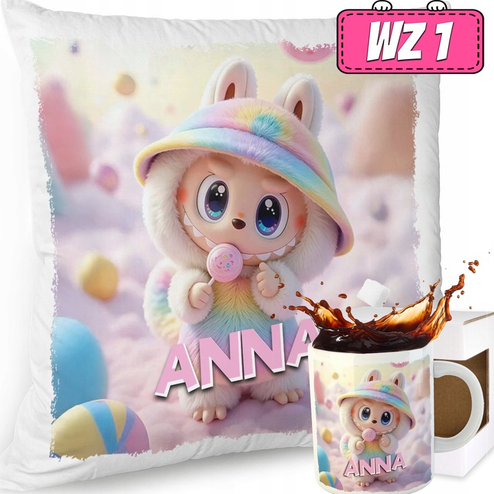 ZESTAW PODUSZKA KUBEK SŁODKI POTWOREK LABUBU LALKA WZORY PREZENT IMIĘ