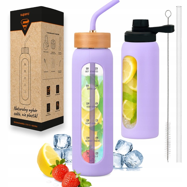 Szklana butelka na wodę z motywywacją miarką z 2 słomkami bidon z