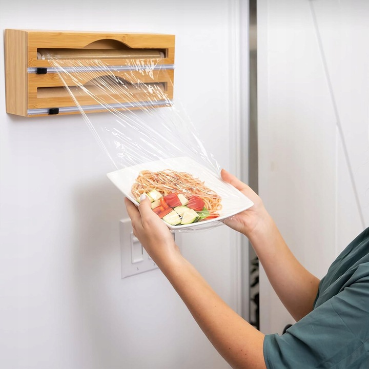 DOZOWNIK BAMBUSOWY DO FOLII SPOŻYWCZEJ Z OBCINACZEM KUCHENNY DWUKOMOROWY