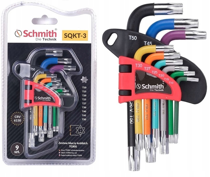 KLUCZE IMBUSOWE TORX KRÓTKIE IMBUS T10-T50 ZESTAW 9szt Z OTWOREM SCHMITH
