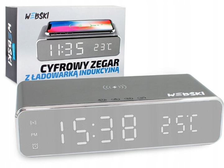 BEZPRZEWODOWA INDUKCYJNA ŁADOWARKA QI CYFROWY ZEGAR BUDZIK TERMOMETR