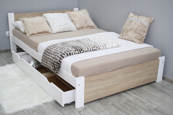 Łóżko 3D 120x200 białe + dąb sonoma stelaż masywne
