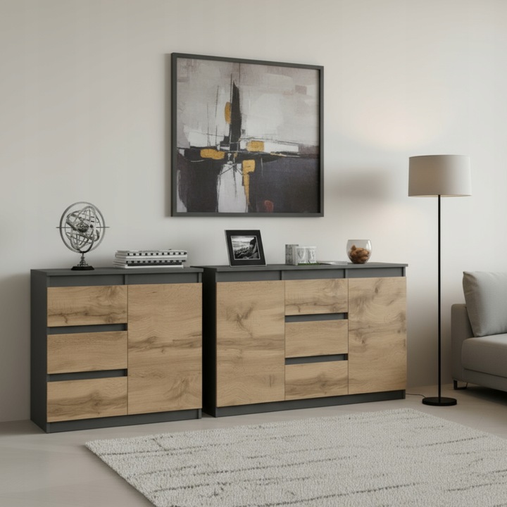 Komoda Szafka Zestaw 2szt POJEMNA Szuflady Grafit Dąb Wotan NATALIA