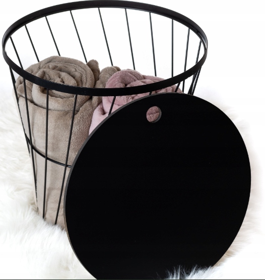 STOLIK KAWOWY METALOWY KOSZ DRUCIANY Z POKRYWĄ OKRĄGŁY CZARNY OZDOBNY