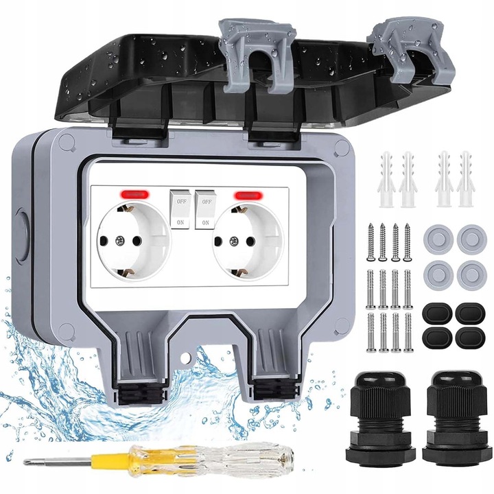 PODWÓJNE GNIAZDKO IP66 OGRODOWE ZEWNĘTRZNE WODOSZCZELNE GNIAZDO 230V