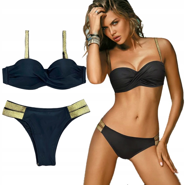 STRÓJ KĄPIELOWY CZARNY ZŁOTE PASY PUSH UP M 38