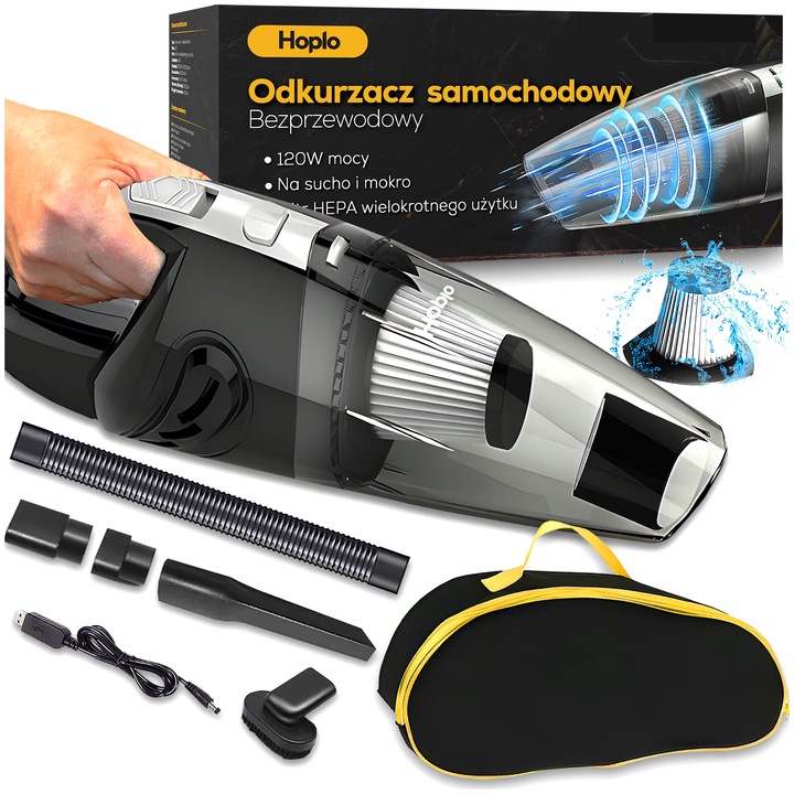 ODKURZACZ SAMOCHODOWY Bezprzewodowy AKUMULATOROWY Ręczny 120W HEPA