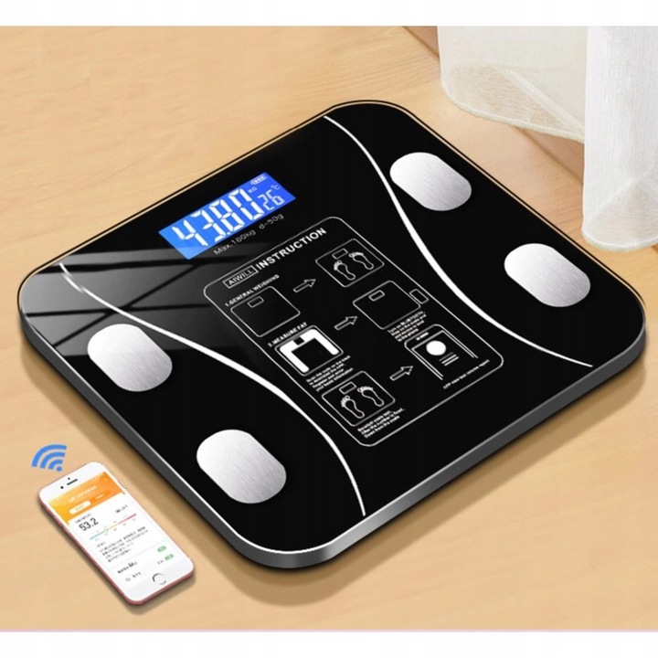 WAGA ŁAZIENKOWA ANALITYCZNA 180KG SMART 25w1 BLUETOOTH APLIKACJA + BATERIE