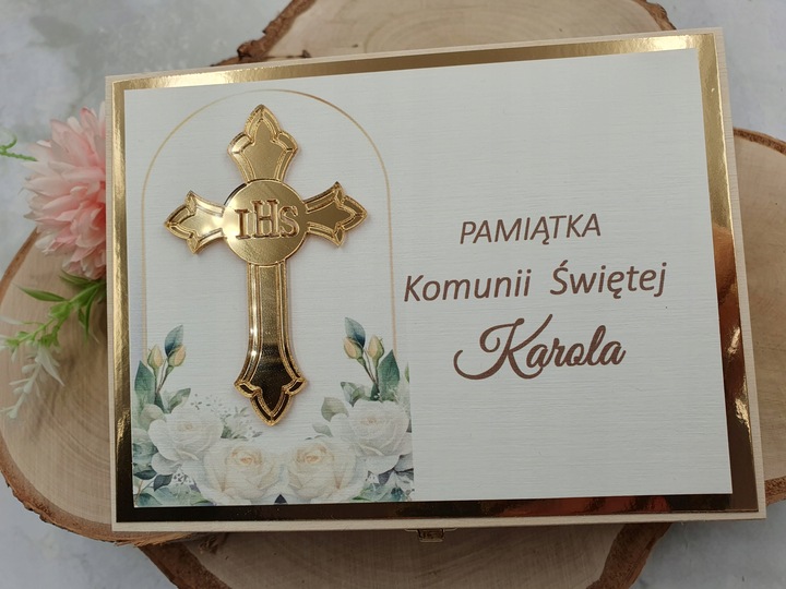 Pamiątka Komunii Świętej-PREZENT, pudełko. Różaniec i serduszko komplet