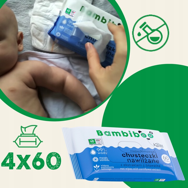 Chusteczki nawilżane Bambiboo 4x60szt. z ekstraktem z bławatka 99% wody