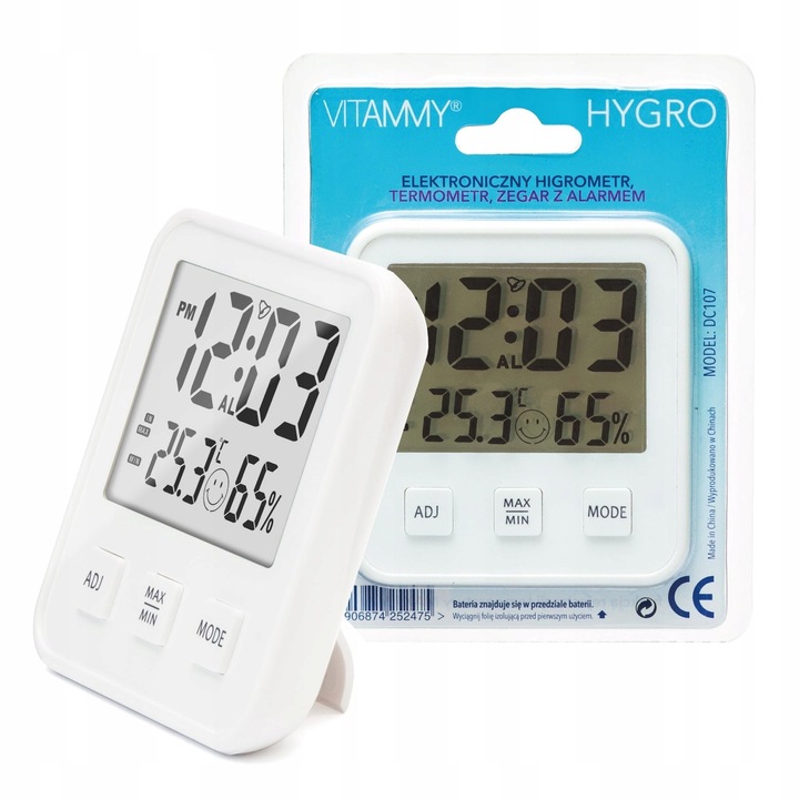 STACJA POGODY TERMOMETR HIGROMETR ZEGAREK ALARM CZUJNIK NA MAGNES