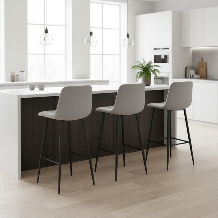 Hoker Krzesło Barowe Wysokie do Wyspy Welurowe Tapicerowane Szare