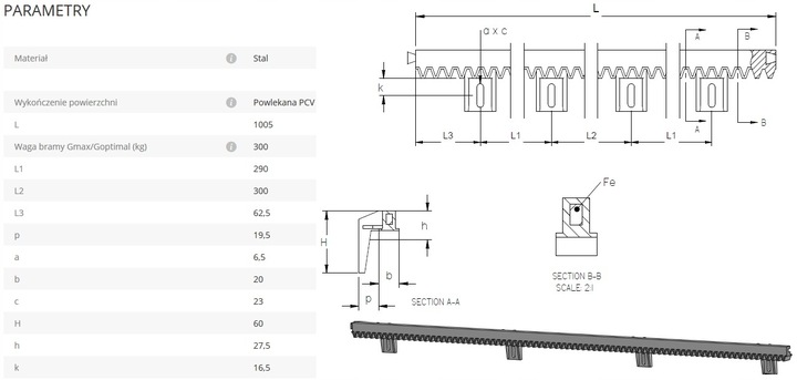Listwa zębata PCV 1m zębatka do bram przesuwnych