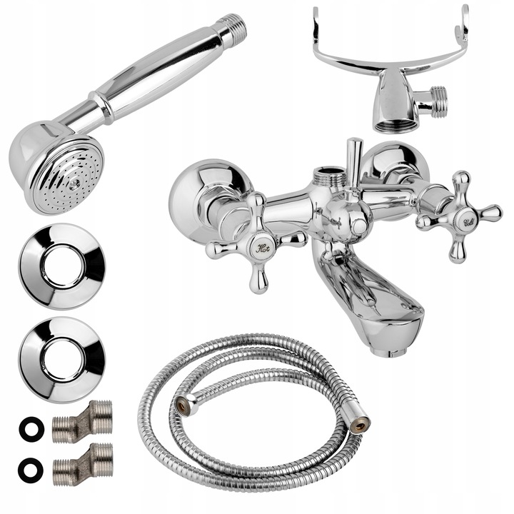 BATERIA WANNOWA PRYSZNICOWA ŚCIENNA KRAN + SŁUCHAWKA ZESTAW WĄŻ RETRO