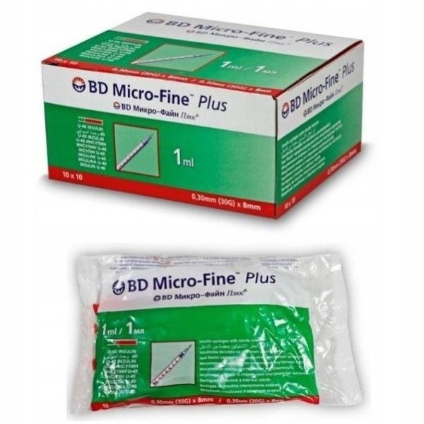 STRZYKAWKA INSULINOWA BD 1 ML ZESPOLONA Z IGŁĄ - 100 szt. 0,3 x 8 mm