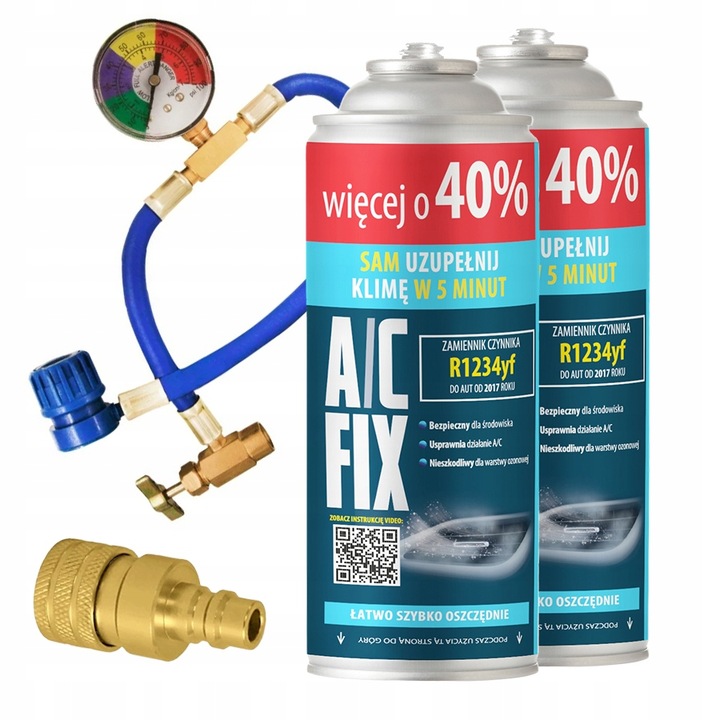 A/C FIX 2x CZYNNIK DO NABIJANIA KLIMATYZACJI AUT R1234YF PRZEWÓD + ADAPTER