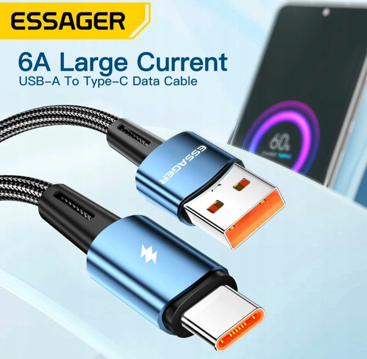 Kabel 2 metry czarny Essager USB A do USB-C 6A SZYBKIE ŁADOWANIE 120W 6A 2M