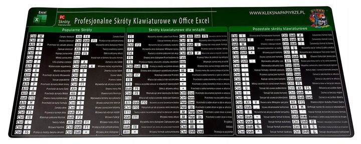 PODKŁADKA MATA BIURKO POD MYSZ DUŻA 82,6x35,1cm OFFICE EXCEL SKRÓTY PREMIUM