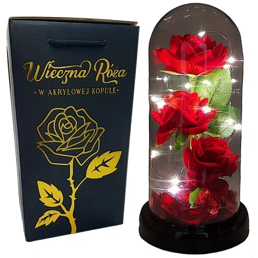 WIECZNA RÓŻA W SZKLE W KOPULE ŚWIECĄCA NA WALENTYNKI LED PREZENT PUDEŁKO