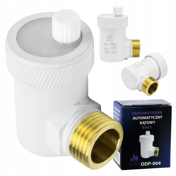 ODPOWIETRZNIK AUTOMATYCZNY AUTOMAT 1/2" CALA KĄTOWY BOCZNY BIAŁY