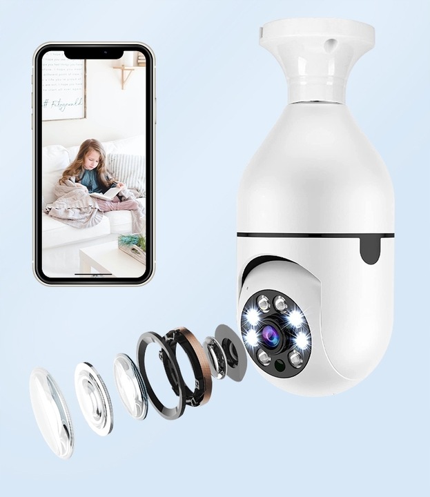 Kamera Obrotowa Panoramiczna 360 Zamiast Żarówki Nagrywanie Nocne Wi-FI IP