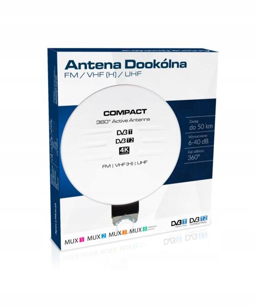 ANTENA DOOKÓLNA DO TV NAZIEMNEJ DVB-T2 ZEWNĘTRZNA AKTYWNA 4K HD MUX8 FM 360