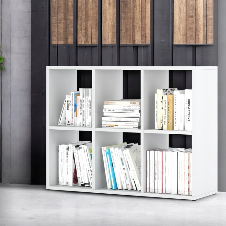 REGAŁ NA KSIĄŻKI BIAŁY OTWARTY 6 POJEMNYCH DREWNIANYCH PÓŁEK NA