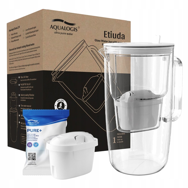 Szklany Dzbanek Filtrujący Aqualogis Etiuda 2.9L Biały + Wkład Pure+