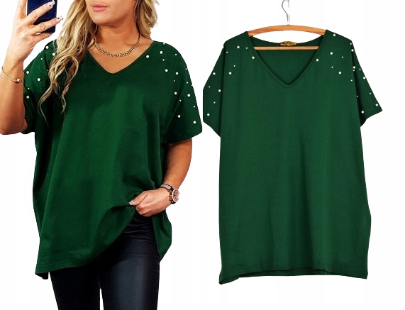 T-SHIRT KOSZULKA BAWEŁNA perły perełki V dekolt oversize plus size T31