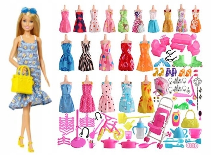 SUKIENKI DLA LALEK + AKCESORIA GADŻETY UBRANKA WÓZEK MEGA ZESTAW 125 SZT