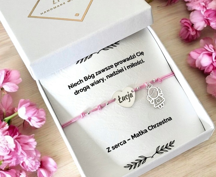 Pamiątka komunii, chrztu bransoletka grawer Aniołek Serce TWÓJ TEKST