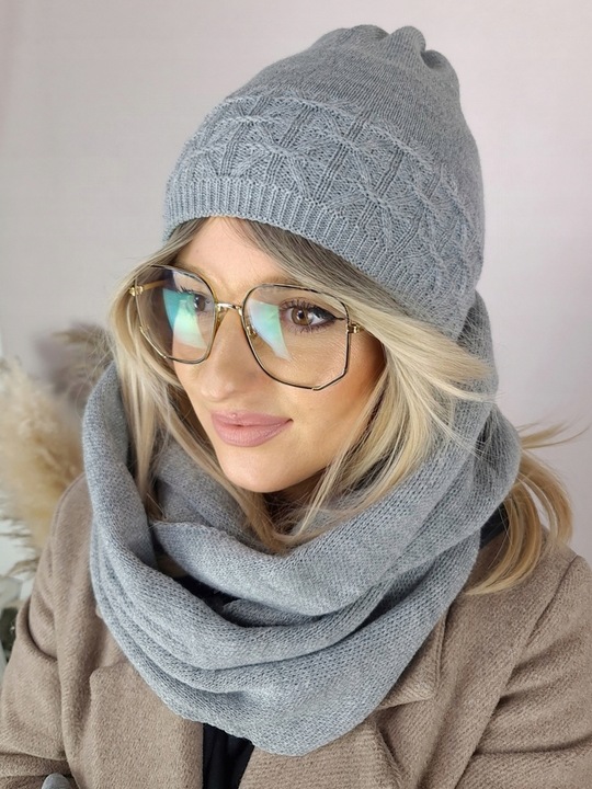 zimowy KOMPLET damski CZAPKA + KOMIN + RĘKAWICZKI dotykowe CIEPŁY