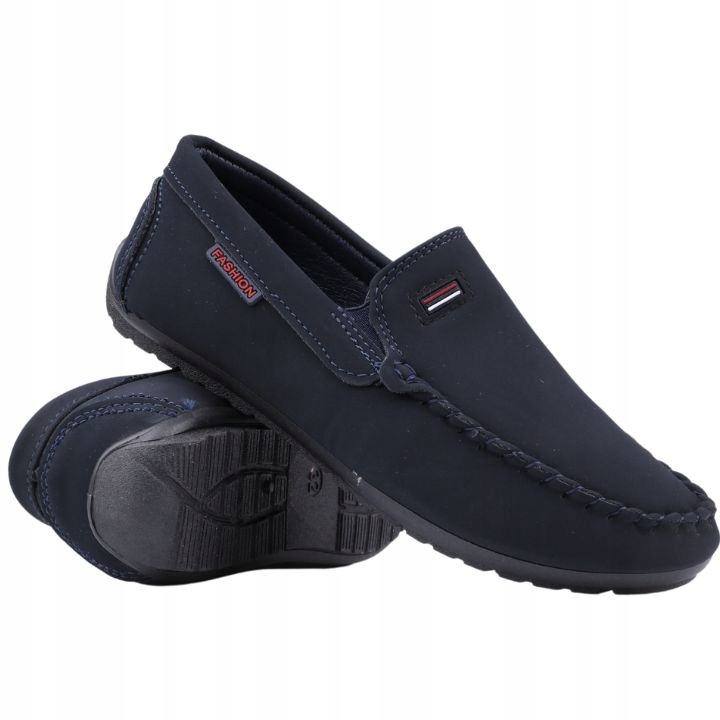 GRANATOWE MOKASYNY CHŁOPIĘCE PÓŁBUTY ZAMSZOWE WSUWANE BUTY NA KOMUNIĘ