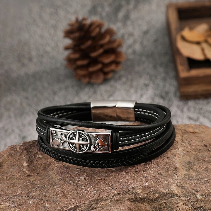 Skórzana Bransoletka z Kompasem i Grawerem – Stylowy Dodatek dla Mężczyzny