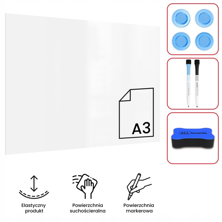 Tablica magnetyczna na lodówkę nakładka suchościeralna biała A3 + GRATIS