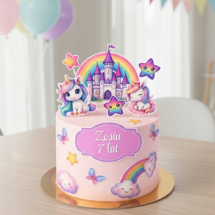 WYDRUK CUKROWY Opłatek na tort JEDNOROŻEC UNICORN TĘCZA KONIKI + TEKST