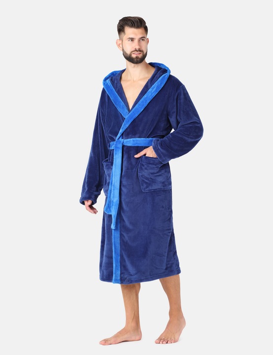 Szlafrok męski z kapturem ciepły miękki 2 kieszenie LA-221 Granatowy L