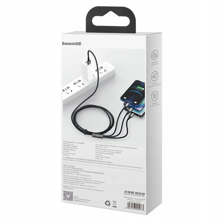 BASEUS SZYBKI KABEL 3w1 MOCNY PRZEWÓD USB - USB-C/Lightning/micro USB 1,5 m