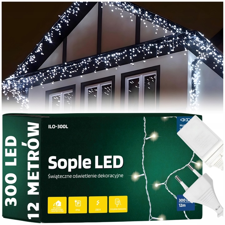 LAMPKI KURTYNA ŚWIATEŁKA ŁAŃCUCH ŚWIĄTECZNE ZEWNĘTRZNE 300 LED 12M ZIMNA