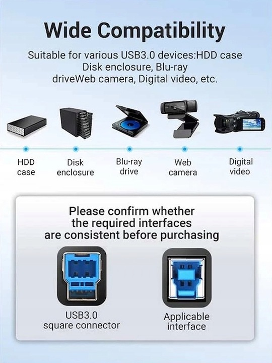 Vention Kabel USB 3.0 A-B AM-BM Super Speed 5 Gb/s HDD Hub 3m