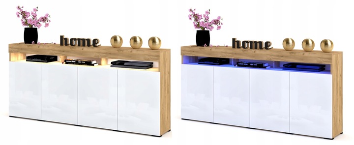 Duża Komoda LUNA 4D 180 Dąb Craft Biała LED
