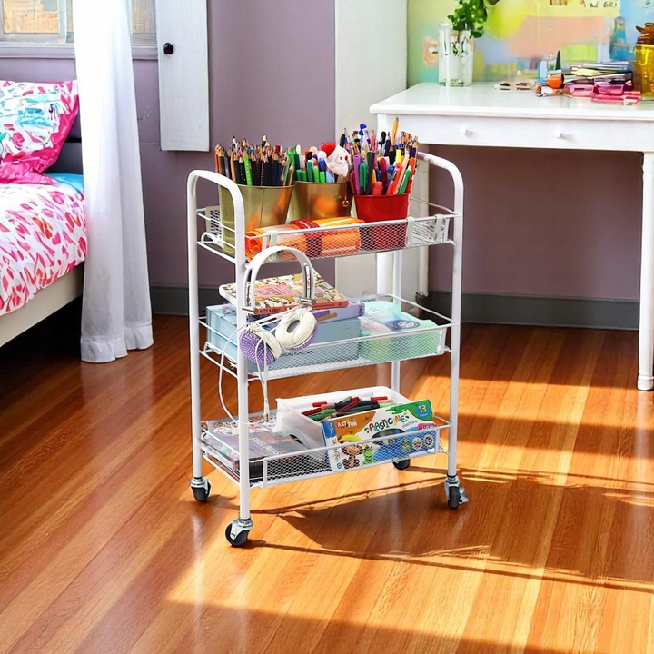 Metalowy wózek wielofunkcyjny 3-poziomowy z kółkami biały regał szafka
