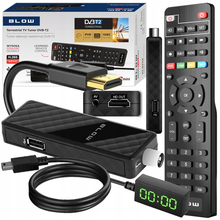 DEKODER TUNER TV DVB-T2 HEVC H.265 FULL HD MINI STICK PILOT ZESTAW HDMI USB