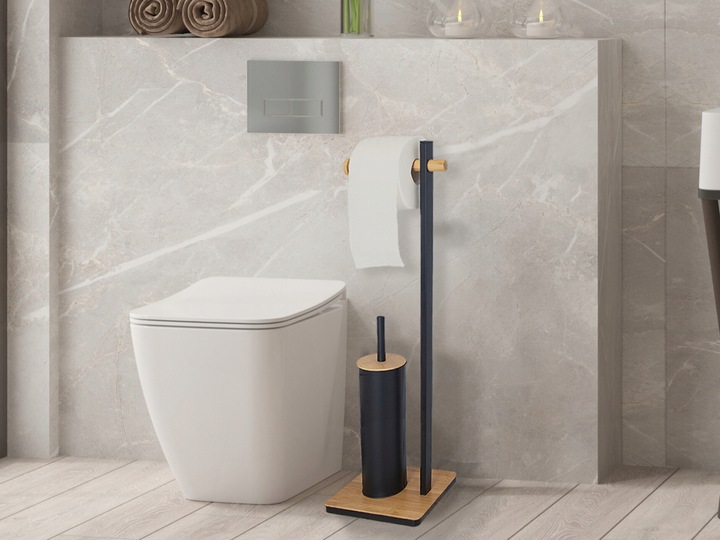 Stojak uchwyt wieszak na papier toaletowy i szczotkę do WC czarny bambus