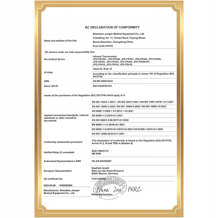 MEDYCZNY termometr bezdotykowy podczerwień do ucha czoła JUMPER JPD-FR403