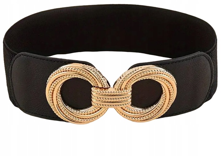 PASEK DAMSKI CZARNA GUMA ELASTYCZNY 90-110 cm ZŁOTA KLAMRA ELEGANCKI