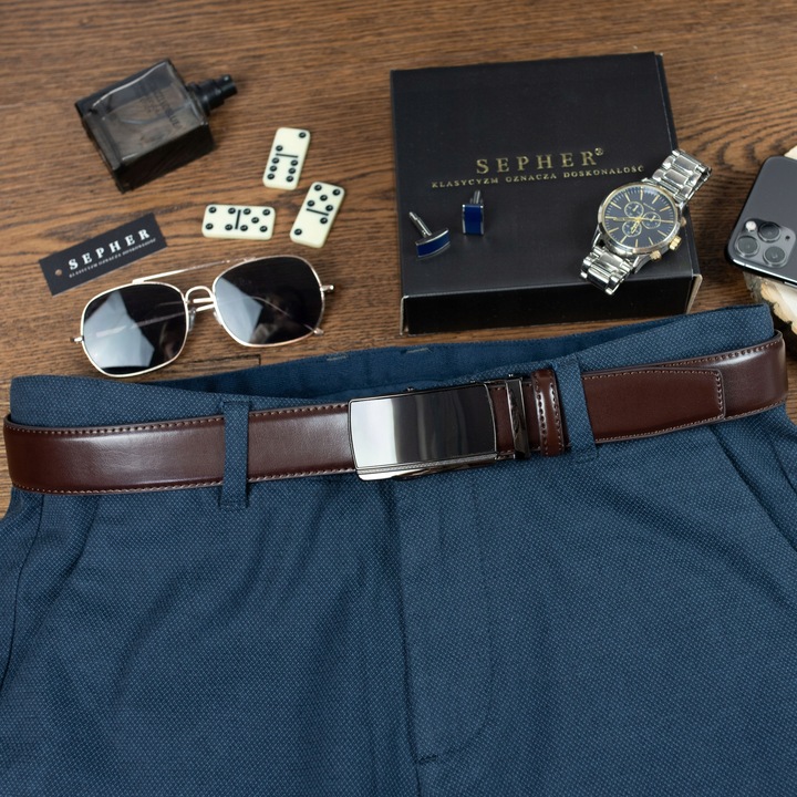 Pasek SKÓRZANY Męski Automat CIEMNY BRĄZOWY spodni