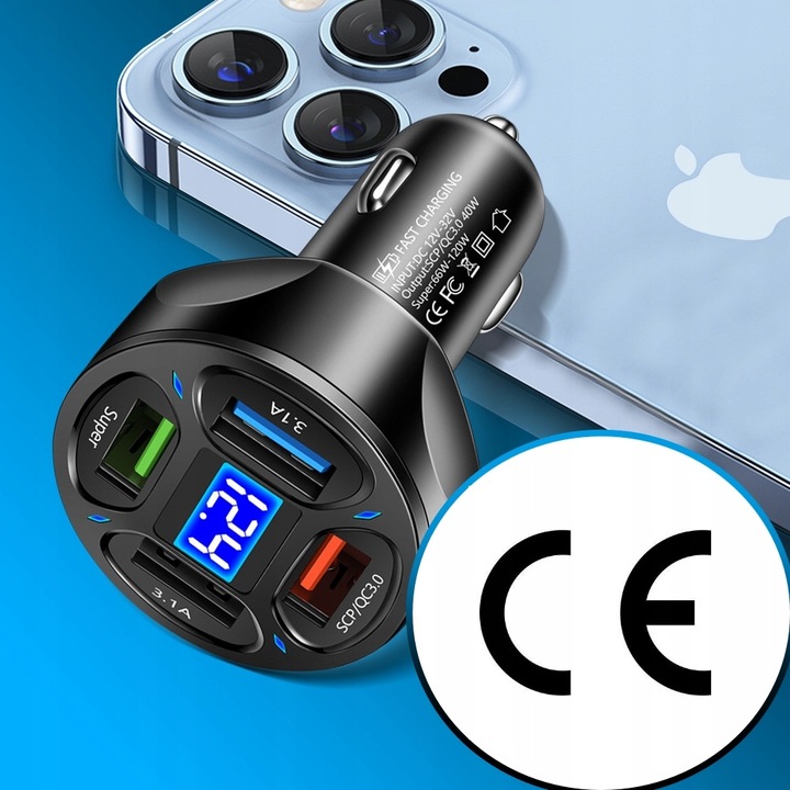 MOCNA SZYBKA ŁADOWARKA SAMOCHODOWA 4x USB PD QC 3.0 66W DO TELEFONU DO AUTA
