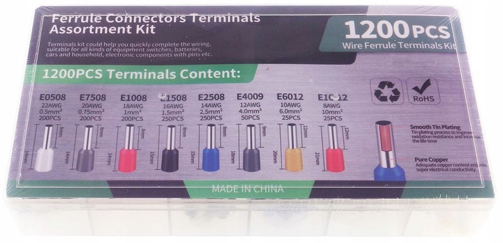 Zestaw tulejek, końcówek kablowych izolowanych 1200szt + zaciskarka Do