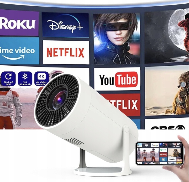 PROJEKTOR RZUTNIK LED ANDROID OBROTOWY 4K TV WIFI GŁOŚNIK BLUETOOTH HD 2025